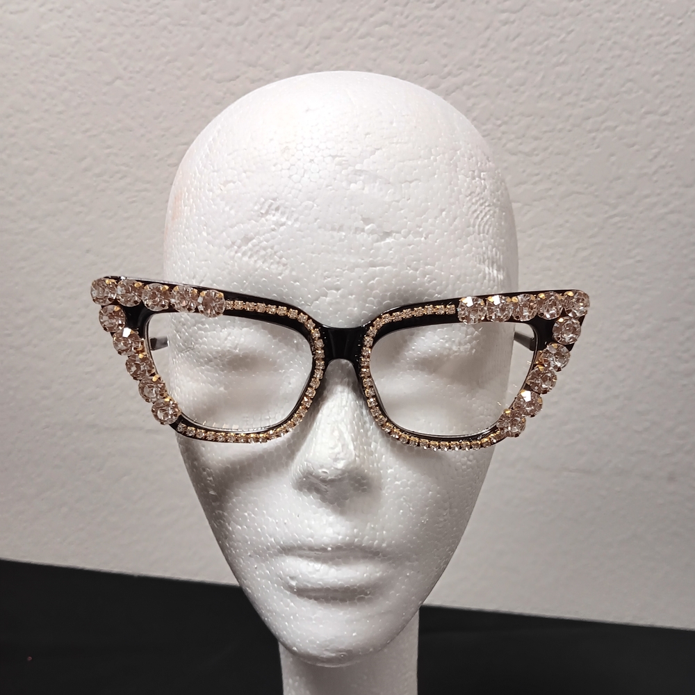 Elegant Gold Rhinestone-Embellished Clear Cat-Eye Glasses